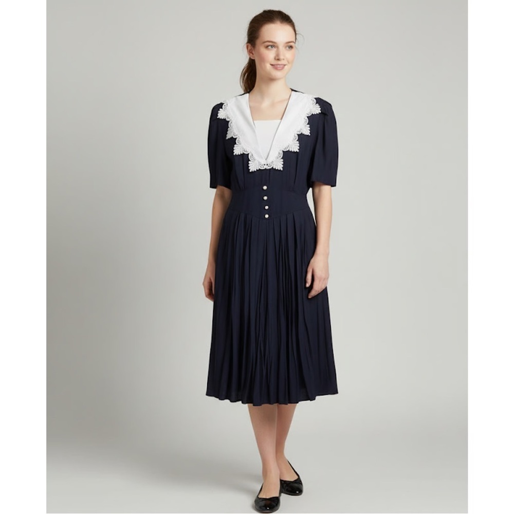 Vintage 90s SL Fashion Black Midi Dress Wide White Lapel Lace Gathered Waist 14